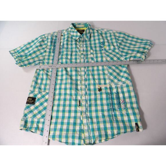 Akademiks Shirt XL Plaid Teal Yellow White Button Up Y2K Hip Hop Colorful Logo C - Picture 9 of 13
